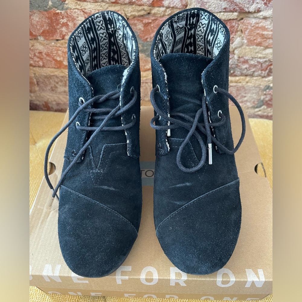 TOMS Black Suede Wedge Booties with Ties